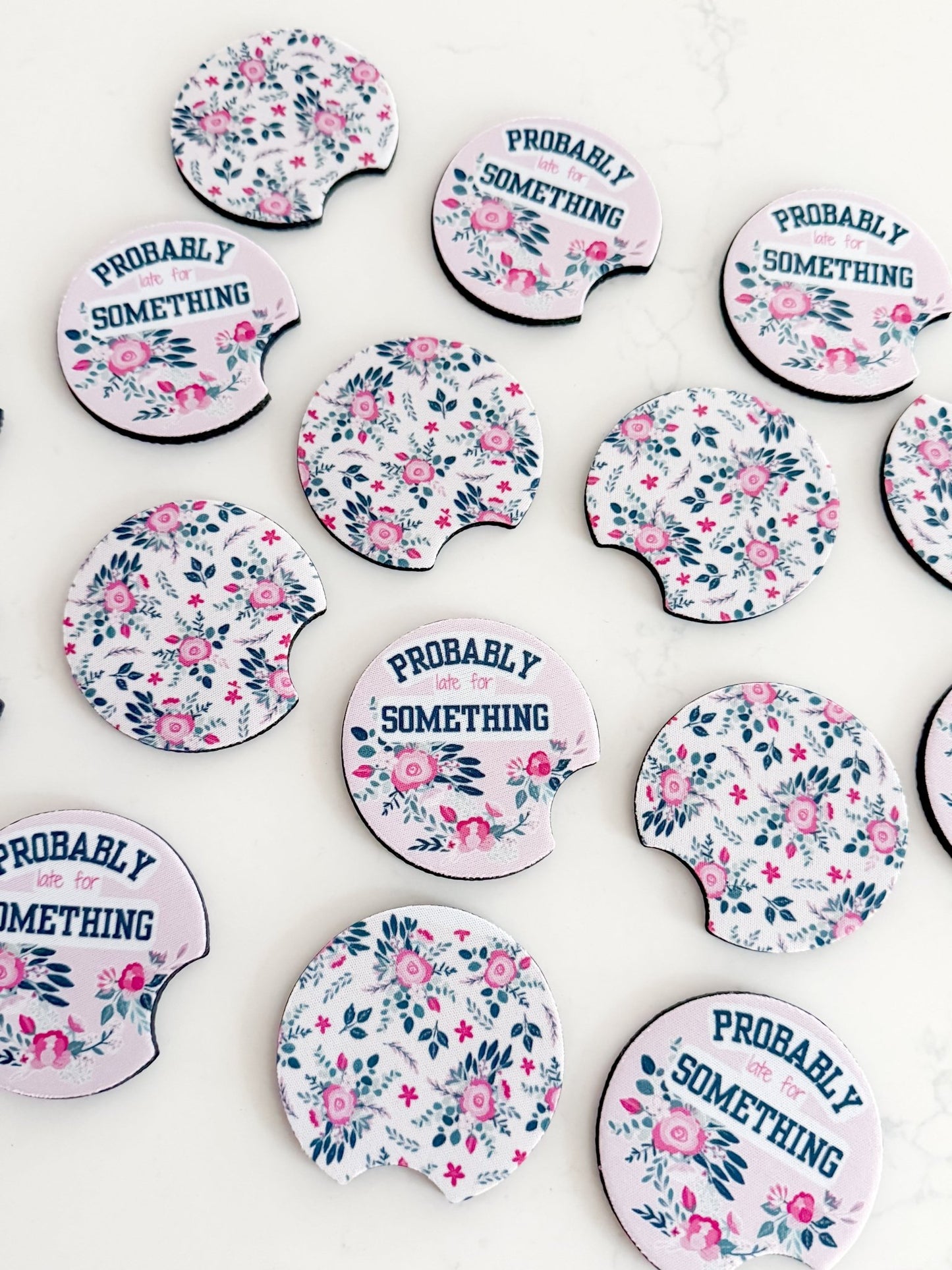 Cute Car Coasters - Set of 2 | Floral Funny Probably Late for Something - Designs by Lauren Ann