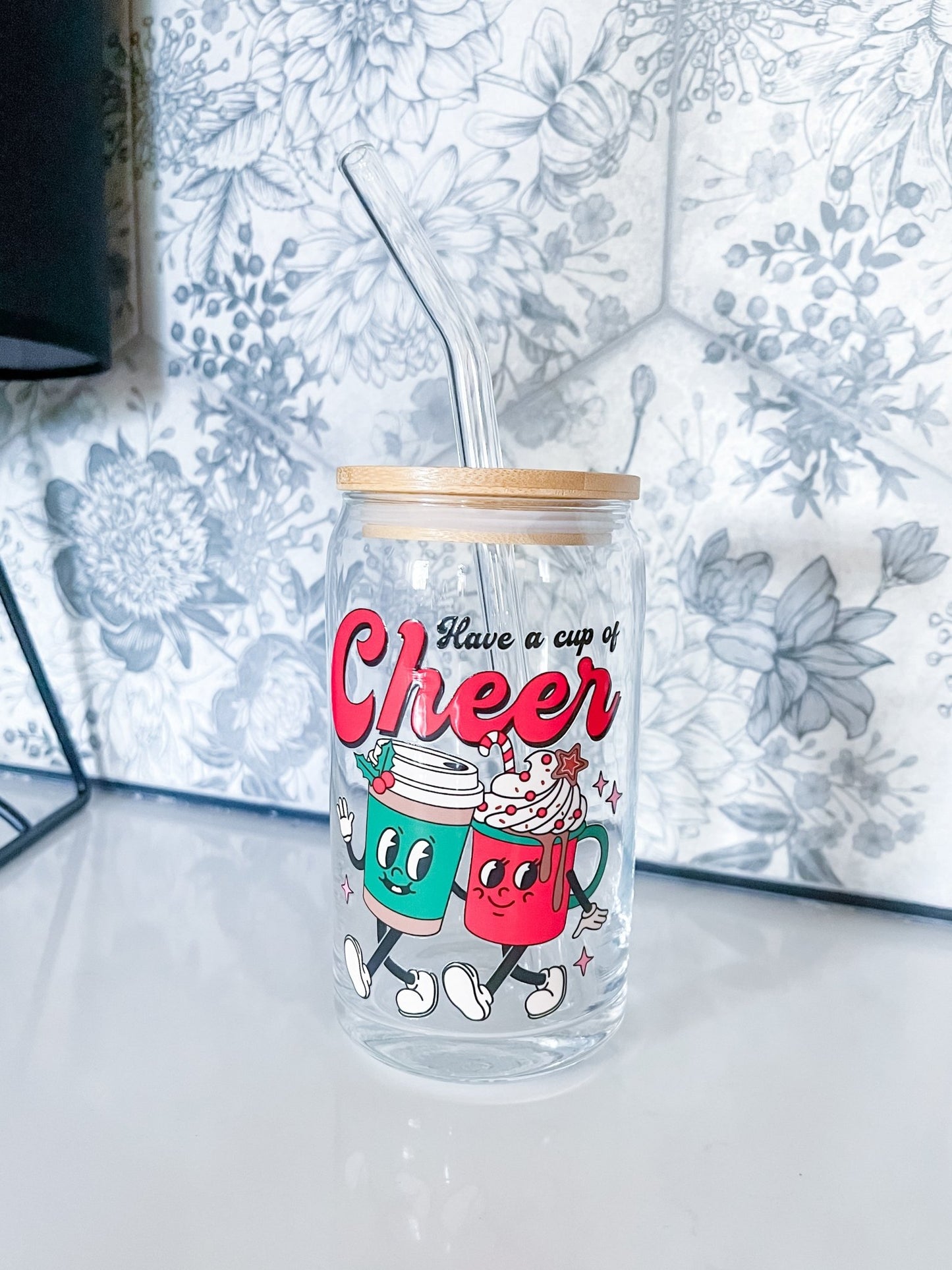 Have A Cup Of Cheer Glass Can - Designs by Lauren Ann