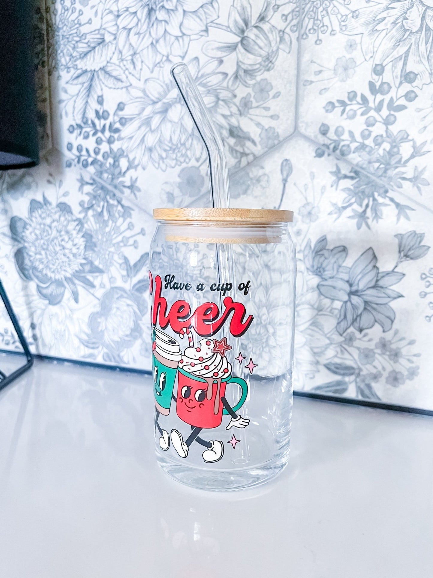 Have A Cup Of Cheer Glass Can - Designs by Lauren Ann