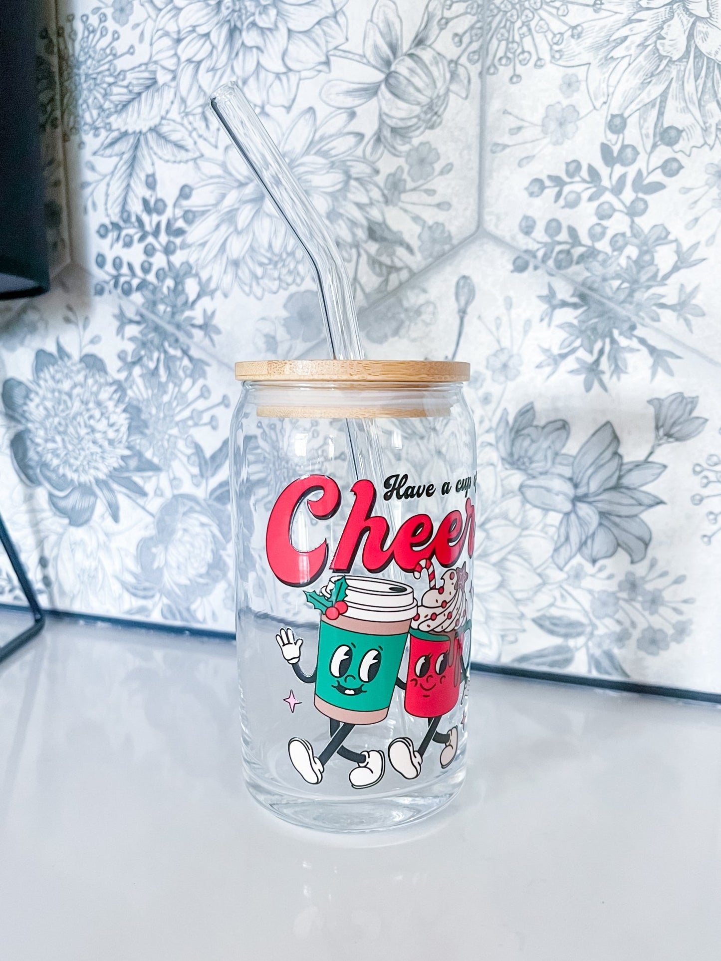 Have A Cup Of Cheer Glass Can - Designs by Lauren Ann