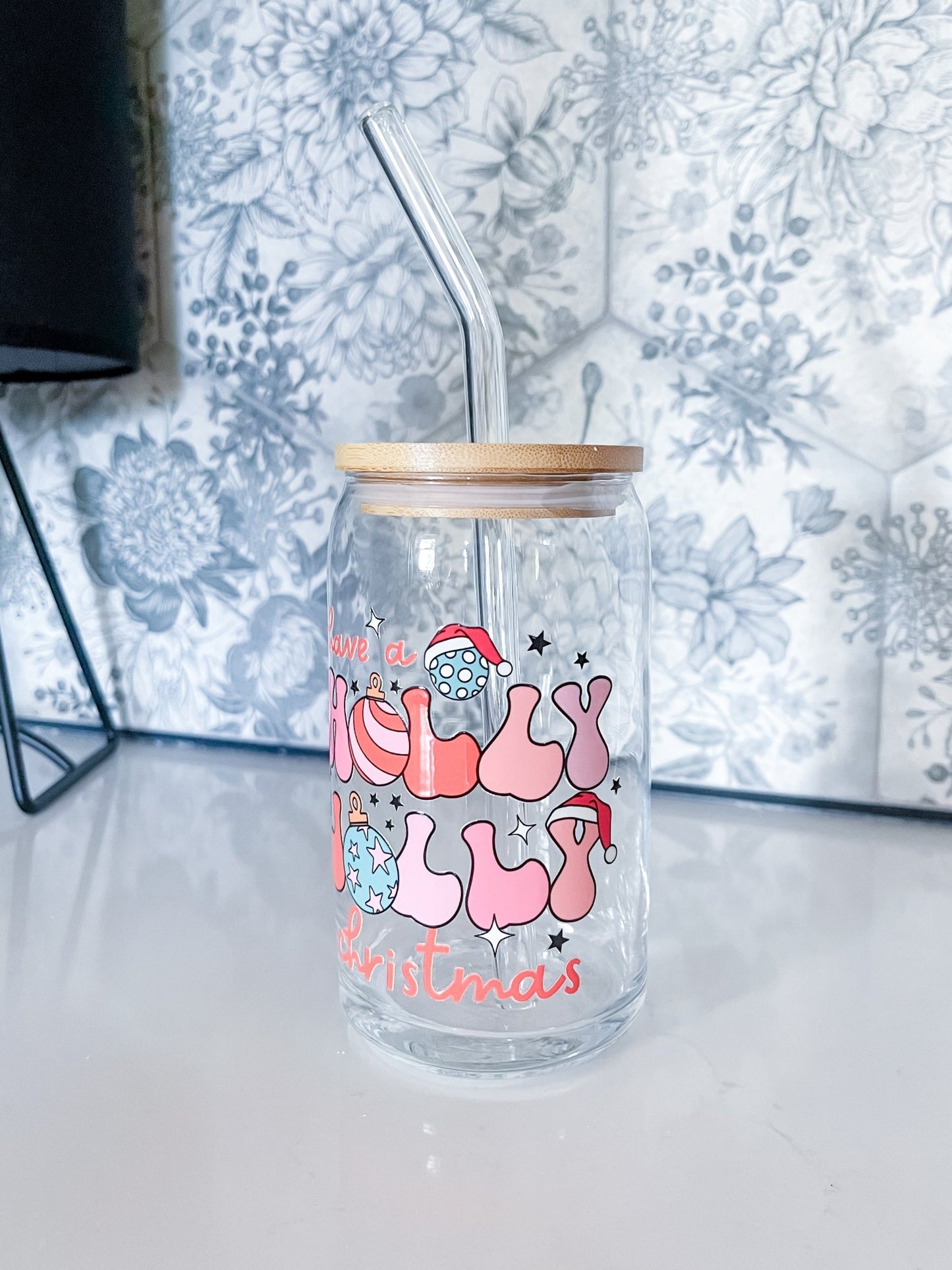 Holly Jolly Christmas Glass Can - Designs by Lauren Ann