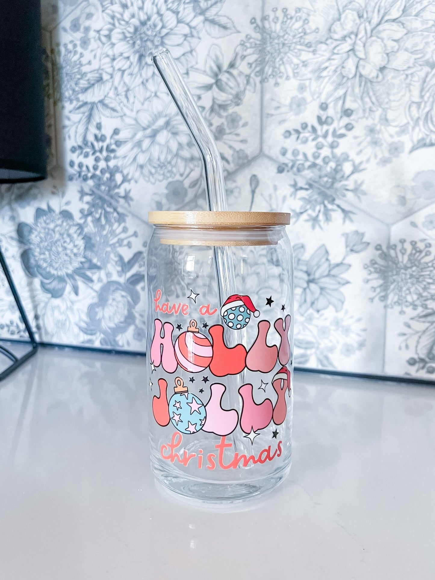 Holly Jolly Christmas Glass Can - Designs by Lauren Ann
