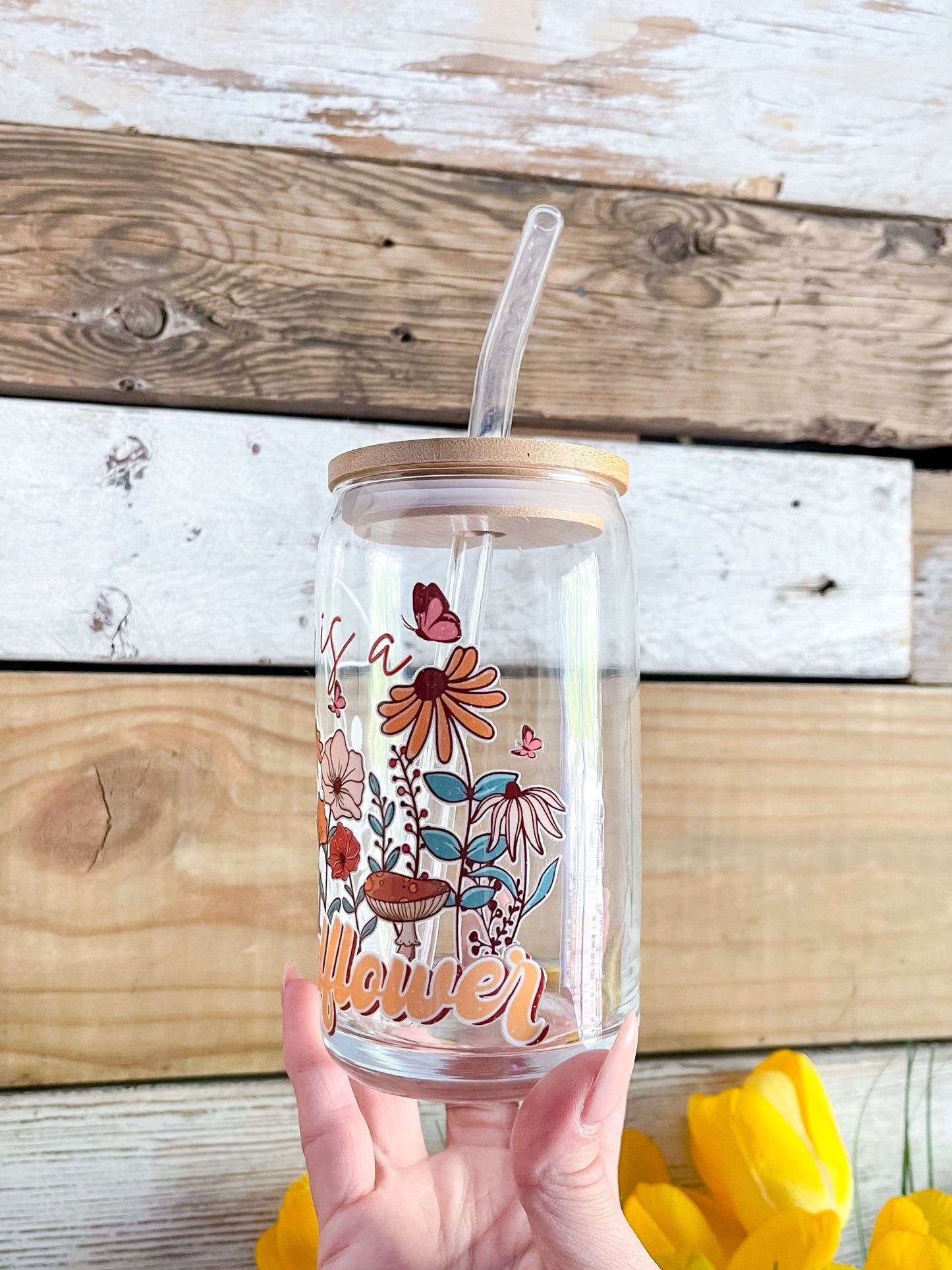 She Is A Wildflower Glass Can - Designs by Lauren Ann