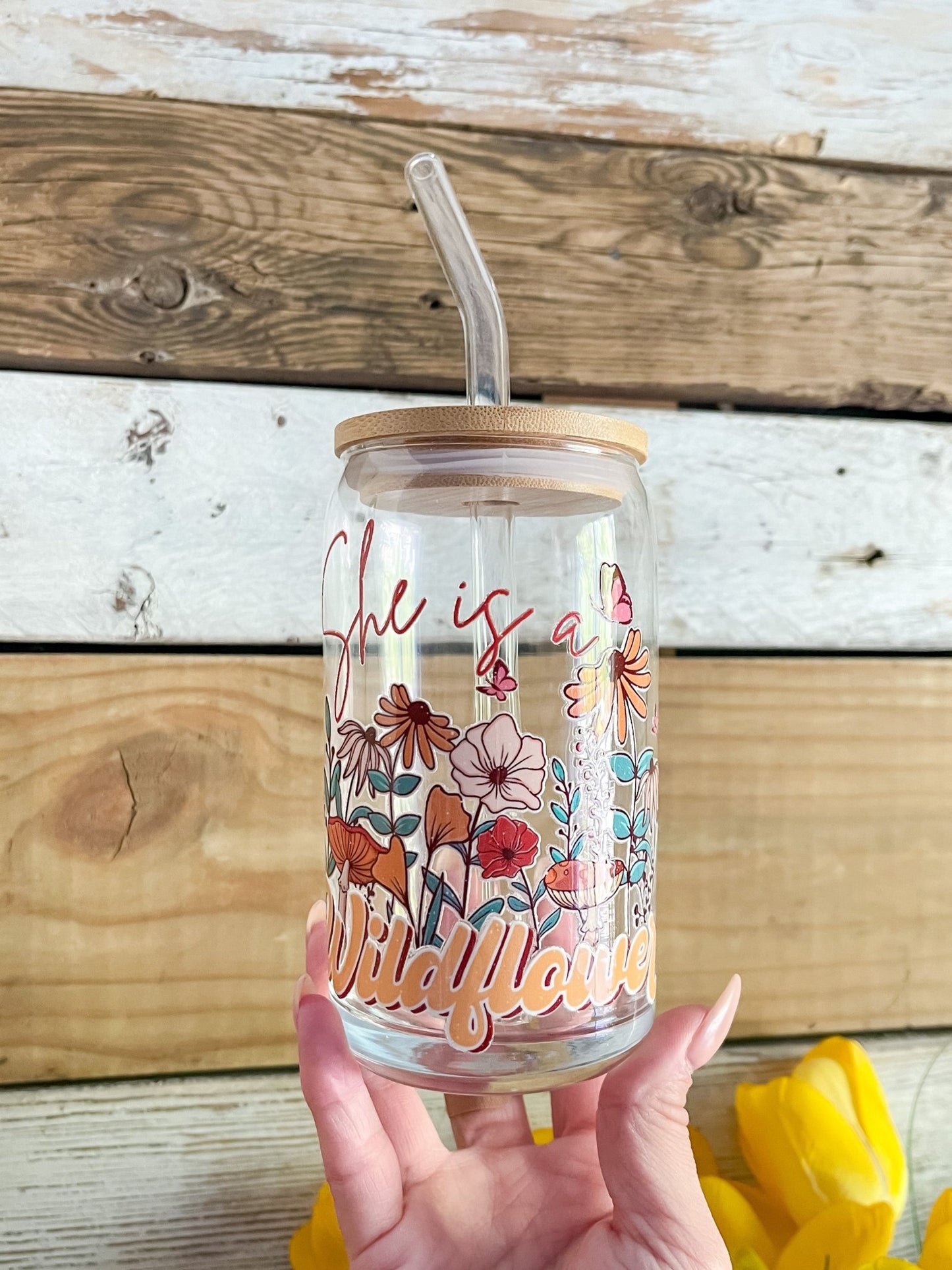 She Is A Wildflower Glass Can - Designs by Lauren Ann