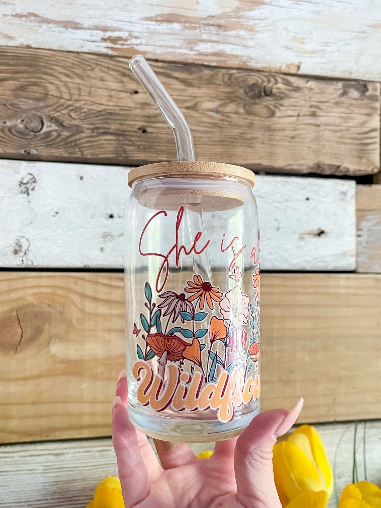 She Is A Wildflower Glass Can - Designs by Lauren Ann