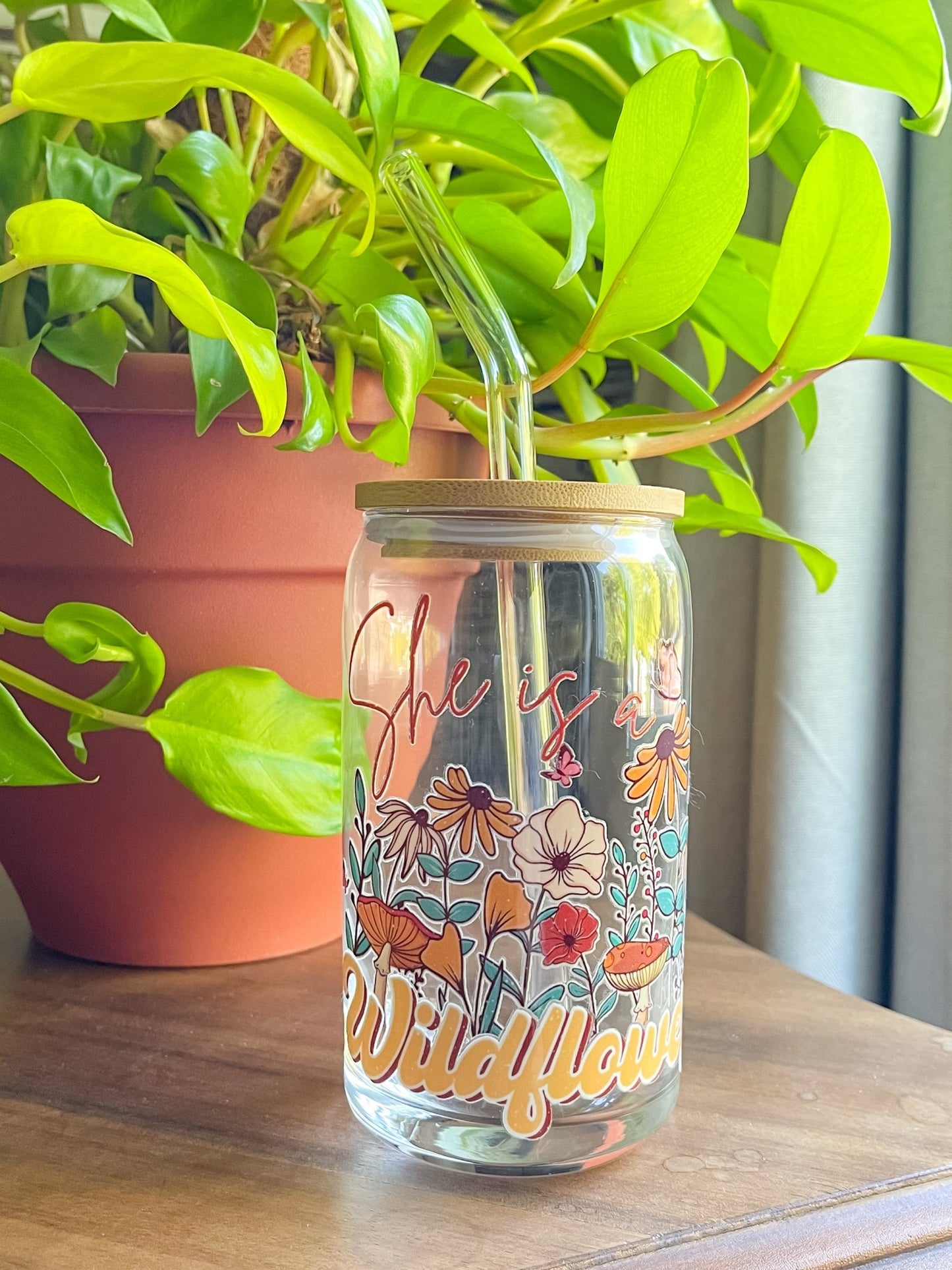 She Is A Wildflower Glass Can - Designs by Lauren Ann