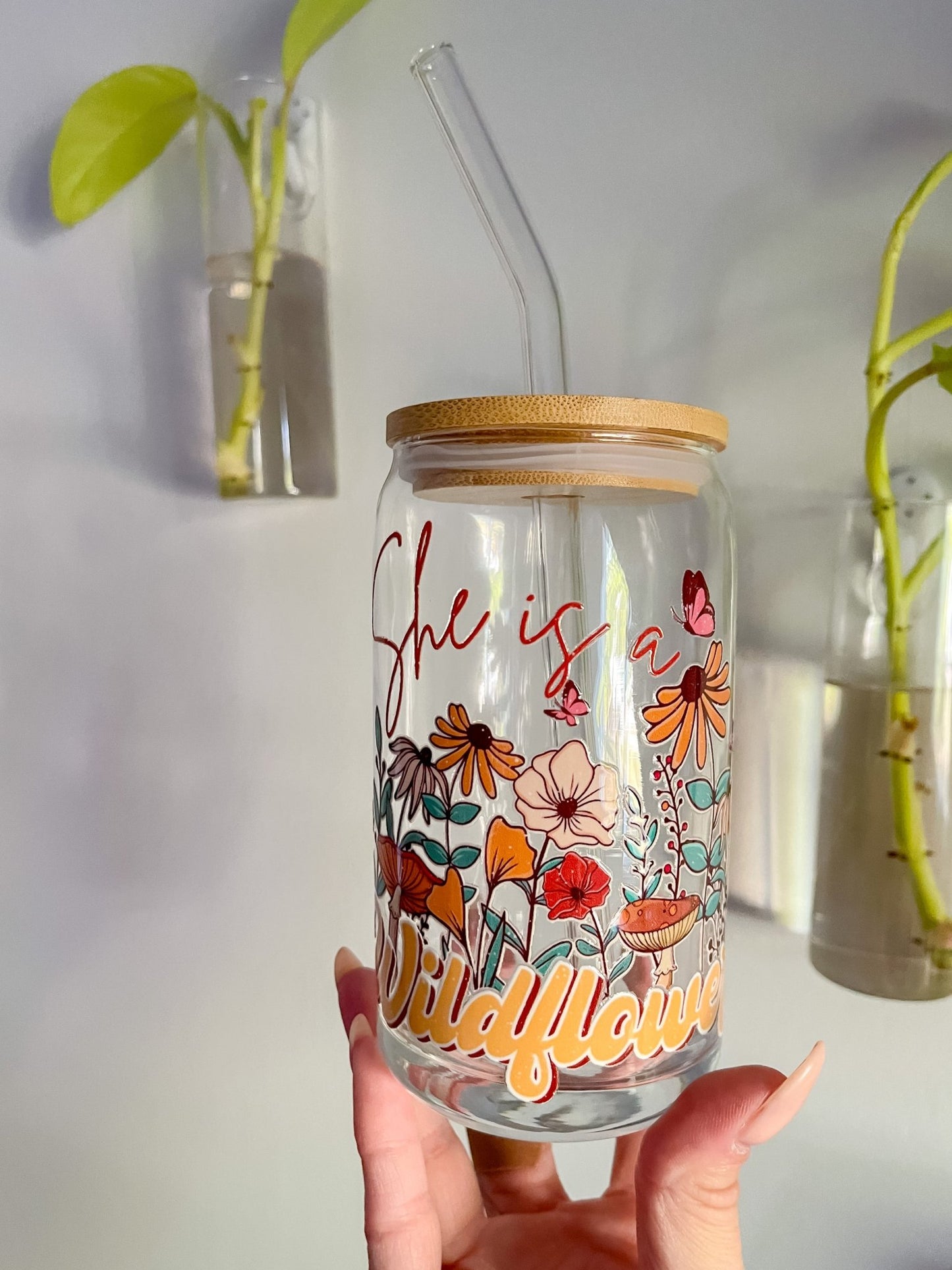 She Is A Wildflower Glass Can - Designs by Lauren Ann