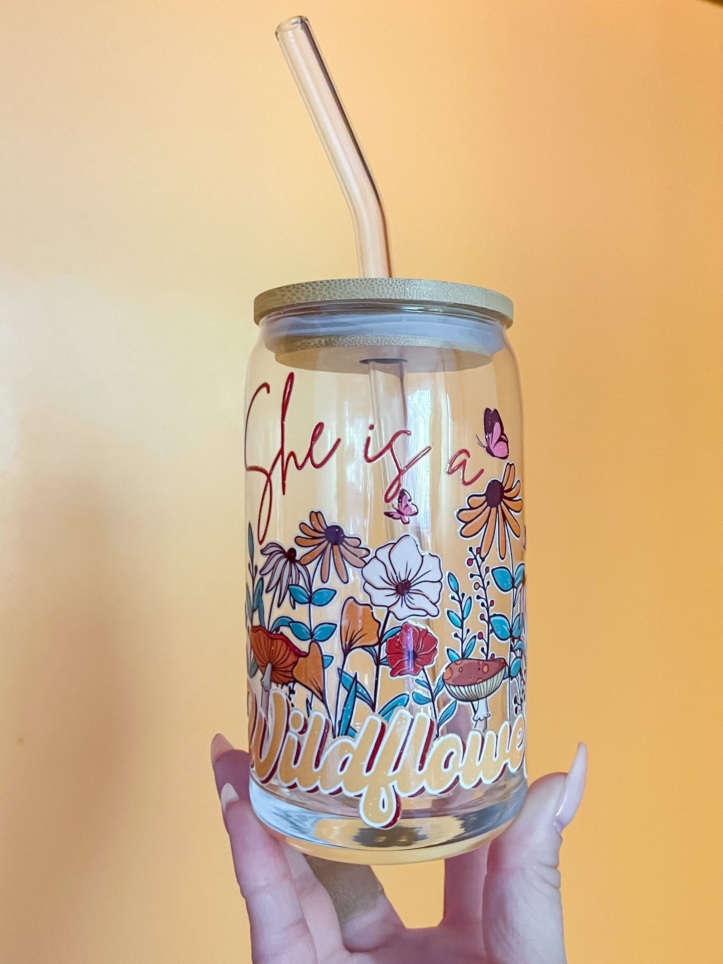 She Is A Wildflower Glass Can - Designs by Lauren Ann