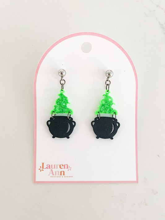 Glittery Bubbling Cauldron Halloween Earrings - Designs by Lauren Ann