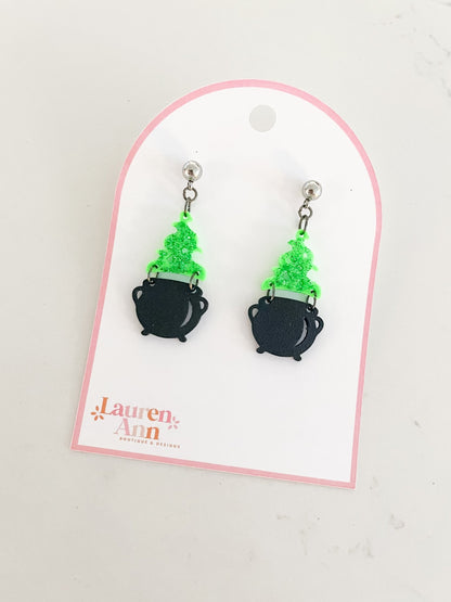 Glittery Bubbling Cauldron Halloween Earrings - Designs by Lauren Ann