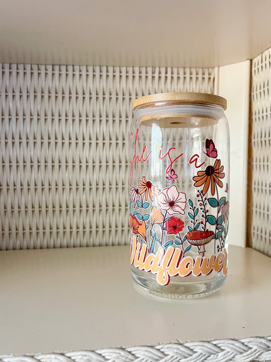 She Is A Wildflower Glass Can - Designs by Lauren Ann